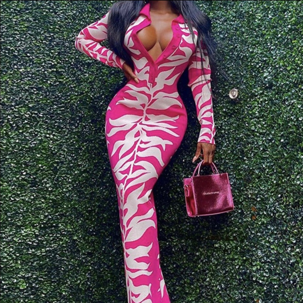 Stylish Print Zipper Up Long Sleeve Maxi Dress